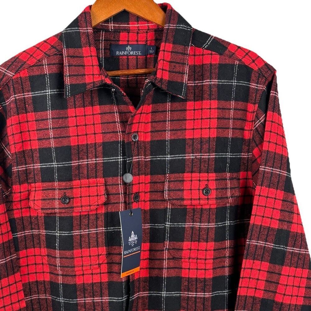 NWT Rainforest Men’s Large Red flannel Long Sleeve Button Cuff Collar Pocket